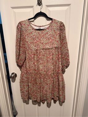 BB Dakota Pink and Green Floral Tiered Mini Dress